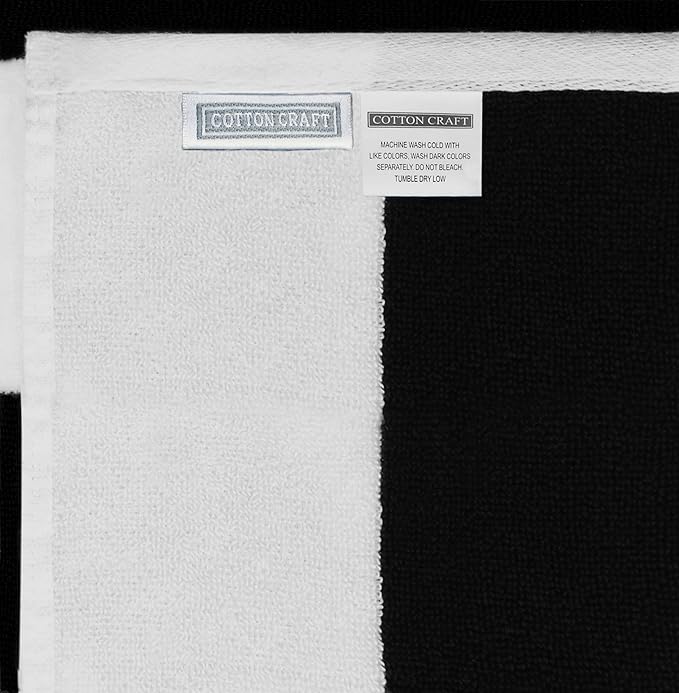 COTTON CRAFT Hooded Beach Towel – Oversized 35 x 70 Towel with Hood for Adults - 100% Cotton Velour Dobby Terry Towel - 450 GSM Pool Bath Wrap - Soft Absorbent Quick Dry – Cabana Stripe Black