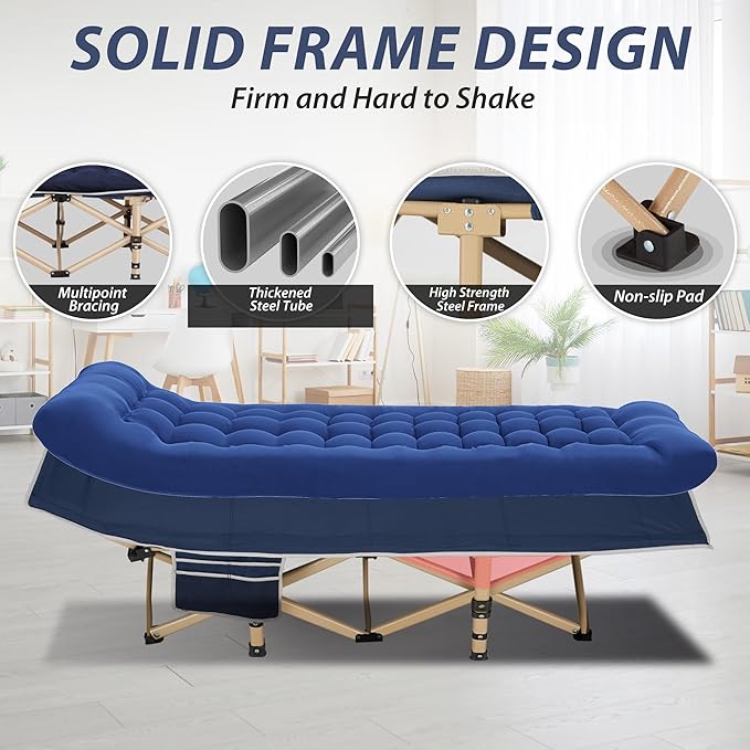 Folding Camping Cot for Sleeping, Portable Cots for Adults, Heavy Duty Cot Bed 550LBS(Max Load), Extra Wider Cots with Large Pocket for Outdoor, Office, Beach