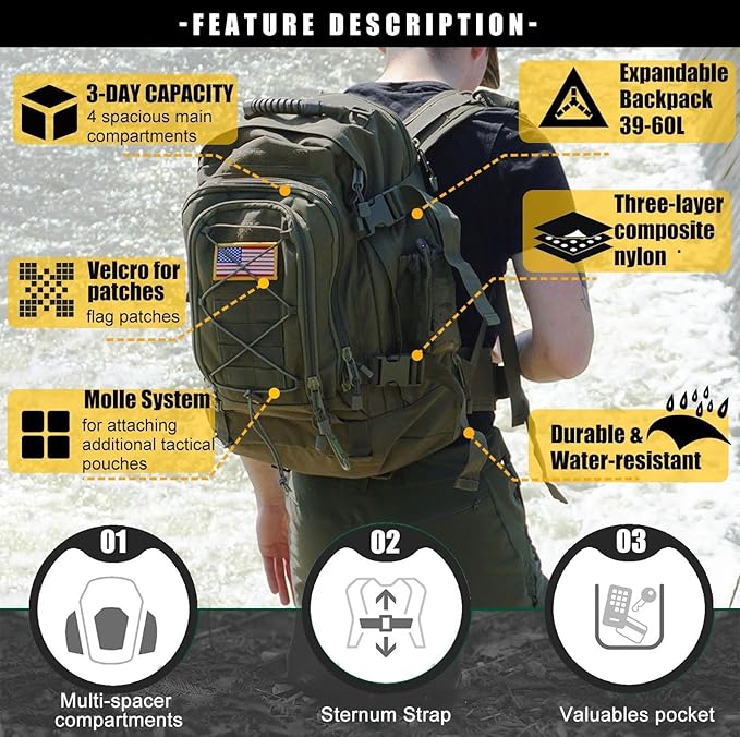 Tactical Backpack Military Hiking Daypack - Molle Backpack for Men 3 Day Assault Pack Bug Out Bag for Camping Travel Army Hunting Gym Rucksack Survival (Green)