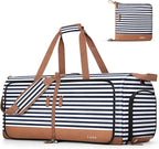 Lekesky Foldable Travel Duffle Bag for Women, 60L Large Duffel Bag with Separate Shoes Compartments & Straps, Carry On Weekend Bag for Women, Hospital, Overnight (Blue Stripes)