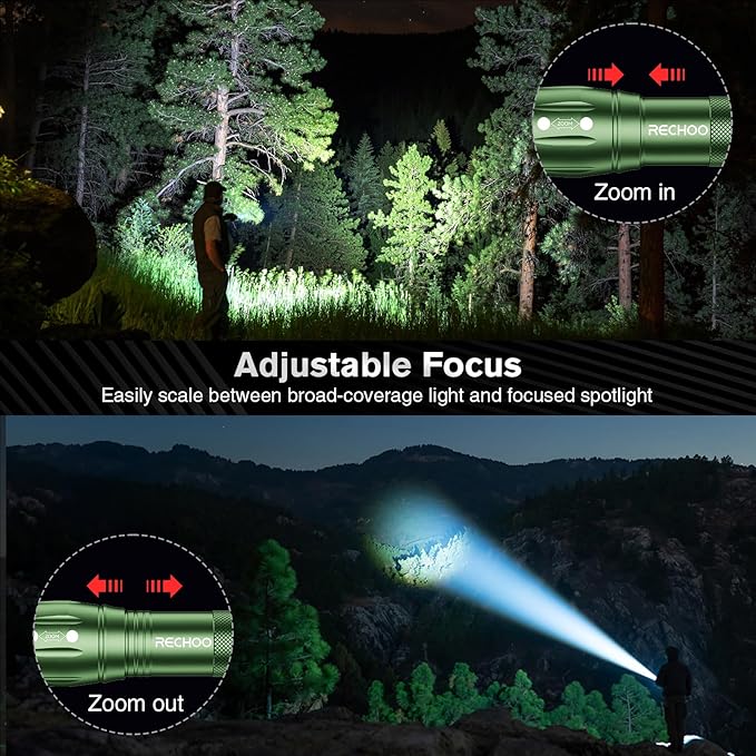 RECHOO LED Flashlight 2 Pack Green, Tactical Flashlights High Lumens with 3 Modes, Pocket Small Flash Light, Waterproof Zoomable Flashlights for Home Emergency, Camping Essentials (Battery Included)