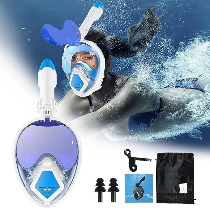 Devilfish Full Face Snorkel Mask Adults, Dry Top System Snorkeling Set with Foldable Sunglasses, 180 Degree Panoramic View Snorkel Gear, Scuba Diving Masks Anti-Leak & Anti-Fog