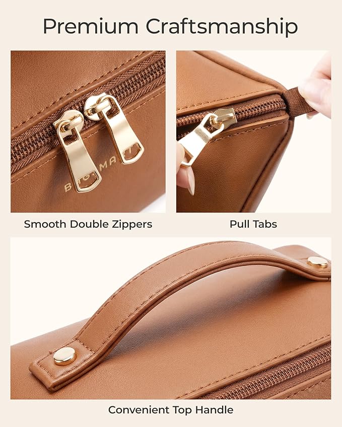 BAGSMART Makeup Bag Travel Cosmetic Bag, Large Make Up Bag Flat Open Toiletry Bag for Women, PU Leather Travel Essentials Organizer Case, Wide-open Pouch Purse for Skincare, Brushes, Coffee Brown