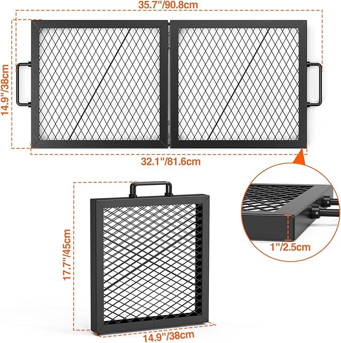 only fire Foldable X-Marks Fire Pit Cooking Grate, Portable Rectangle Campfire Grill Grate with Handles, Heavy Duty Steel Campfire BBQ Grill for Outdoor, 32 inch
