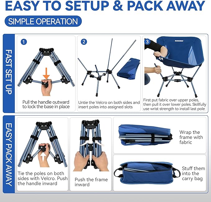MARCHWAY Lightweight Folding Camping Chair, Portable Foldable Compact for Outdoor Camp, Travel, Beach, Picnic, Festival, Hiking, Backpacking, Supports 330Lbs (Dark Blue)