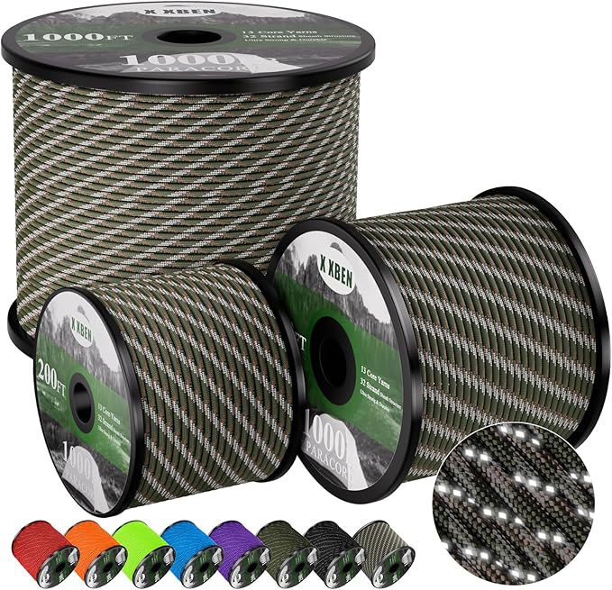 X XBEN Paracord Reflective 1000lb, 50/100/200/500/1000ft 4mm, 13 Strand Parachute Cord, Tactical Paracord Rope for Camping, Fishing, Clothesline, Hammock, Tent & Survival Bracelet, Forest Camo