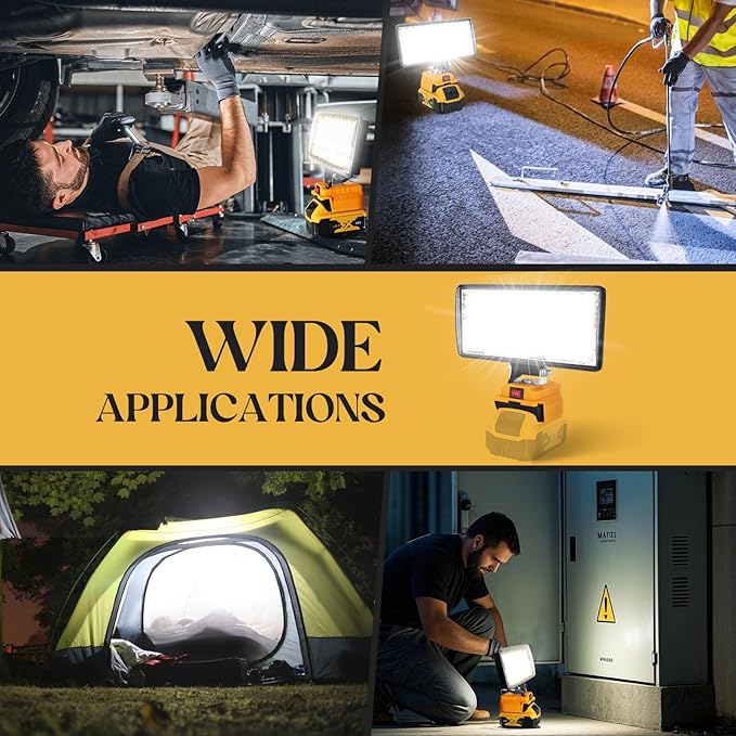 Cordless LED Work Light for Dewalt 20V Battery, 8" Portable LED Flood Light Flashlight, 2 Modes Brightness, 90W 9000LM, Low Voltage Protection, USB & Type-C Ports, for Work Camping Outdoor(No Battery)