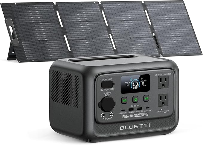 BLUETTI Elite 30 V2 Solar Generator with 200W Solar Panel (Ships Separately), 288Wh Portable Power Station, 600W AC Outlets (1500W Power Lifting), LFP Battery Backup for Camping, Home, Emergency