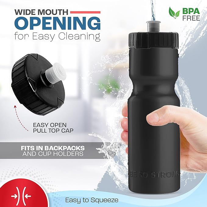 50 Strong Bulk Water Bottles | 24 Pack Sports Bottle | 22 oz. BPA-Free Easy Open with Pull Top Cap | Made in USA | Reusable Plastic Water Bottles for Adults & Kids | Top Rack Dishwasher Safe