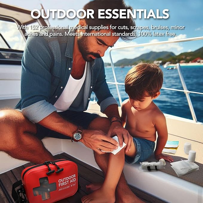 152 PCS Waterproof First Aid Kit, Portable Small Boat Dry Bag Bug Out Bags, Emergency Medical Kit Ideal for Boating, Camping, Fishing, Kayaking, Floating, Red