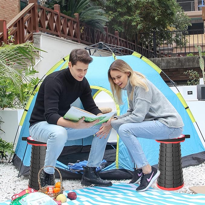 ALEVMOOM Upgraded Portable Collapsible Folding Stool with Cushion Retractable Telescoping Stool for Adults Sturdy Capacity 550lbs Camping Chair for Outdoor Hiking Garden BBQ with Bag