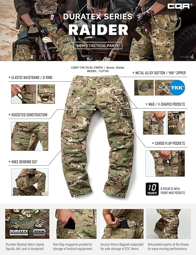 CQR Men's Tactical Pants, Water Resistant Ripstop Cargo Pants, Lightweight EDC Work Hiking Pants, Outdoor Apparel