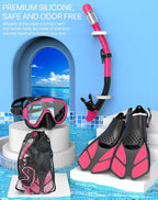 Snorkeling Gear for Adults Men Women,4 in 1 Snorkel Set with Panoramic View Diving Mask Anti-Fog Anti-Leak,Dry Top Snorkel,Fins and Travel Bag for Swimming,Snorkeling and Travel Diving