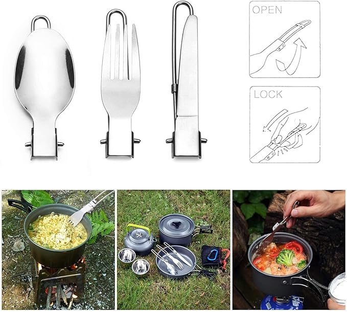 Camp Flatware Sets - Stainless Steel Spoon Fork Knife & Nylon Storage Bag - Foldable + Locking Handle - Ultralight Utensils for Backpacking/Hiking/Camping - 3oz