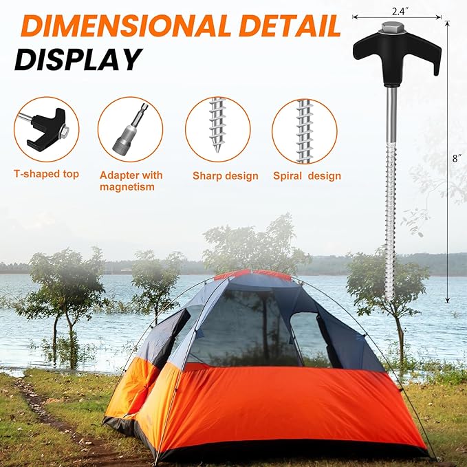 20 Pack 8" Screw in Tent Stakes Heavy Duty- Ground Anchors Screw- Tent Pegs Camping Stakes- Hex Pegs Drillable Tent Stakes and Hexagon Head Drive and Storage Box (Black)