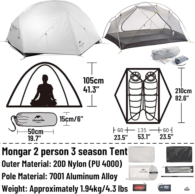 Naturehike Mongar UL Tent [2025 Upgrade] 1.5kg/3.3lb Ultralight Tents,1/2 Person Backpacking Tent,4 Modes of use, Waterproof,Hiking Tents for Camping