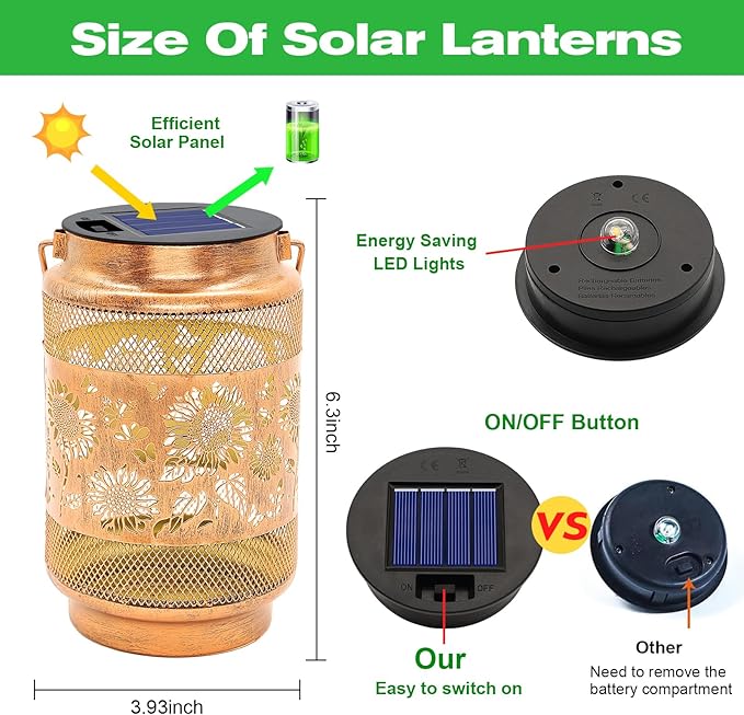 2 Pack Solar Lanterns Outdoor Waterproof Garden Decor, Birthday Gifts for Women Mom Grandma, Metal Sunflower Hanging Solar Lights for Outside Yard Patio Pathway Backyard Porch