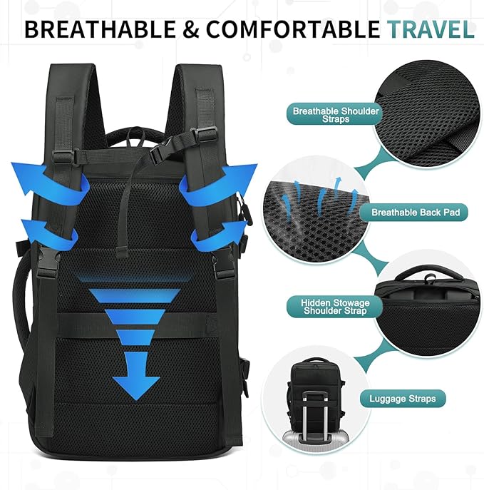 Lay Flat Carry on Travel Backpack, 30L Airline Approved, Fits 16" Laptop, USB-C & USB-A, Water Resistant, Black