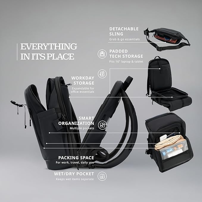 Verage Pulse 2-in-1 Roll Top Laptop Backpack 16″ with Detachable Everyday Sling Bag, Personal Item Size, Expandable Water-Resistant Travel Backpack for Airplane, Work & Daily Commute – Black