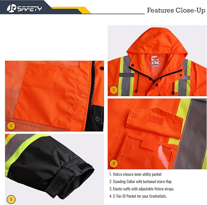 JKSafety Hi-Vis Reflective Safety Rain Jacket and Pants for Men Women Waterproof Rain Gears for Farming Fishing Work HV Rain Suit with Inner Mesh Lining and Pockets (117-Orange M)