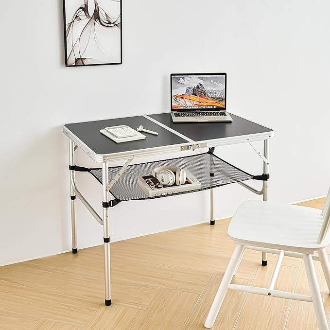 Folding Camping Table, 36''L x24''W Camp Aluminum Table with Adjustable Height Legs, Indoor Outdoor Lightweight Portable Folding Dining Table for Camp Picnic Beach 3Ft black 2 Heights 15"/28"）