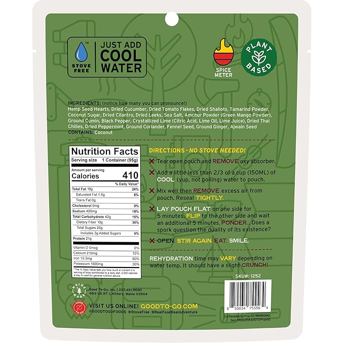 GOOD TO-GO Cucumber Chaat Salad Stove-Free™ (Single Serving) | No Stove Required! Camping & Backpacking Food | Just Add Water Backpacking Meals | Good To-Go Dehydrated Meals Taste Better Than Freeze Dried Food