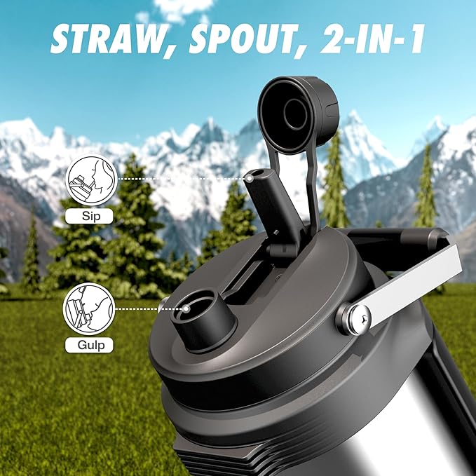 64 oz Stainless Steel Water Bottle for Camping: 2-in-1 Straw Spout Lid, Dual Handle, Leakproof, Keep Cold 48H, Half Gallon Insulated Water Jug for Outdoors, Fitness, Journey, Fishing, Work (Steel)