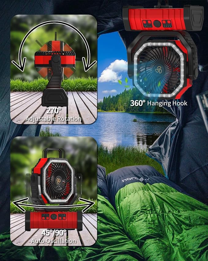 ADUST Camping Portable Battery Operated Powered Fan with LED Lantern Light 20000mAh Rechargeable, Oscillating Fan with 360° Rotation Hanging Hook for Tents, Cordless USB Desk Fan(Red)