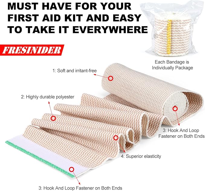 FRESINIDER Premium Elastic Bandage Wrap, 6 Pack 4" Cotton Latex Free Compression Bandage Wrap with Touch Closure at Both Ends, Support & First Aid for Sports, Medical, and Injury Recovery