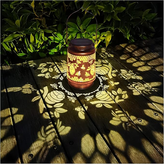 Solar Lanterns Outdoor Hanging Honeybee Decor Lantern,Waterproof Hollow Out Retro Metal Decorative Garden Light,Graceful Decoration for Patio,Yard,Landscape,Walkway,Festival