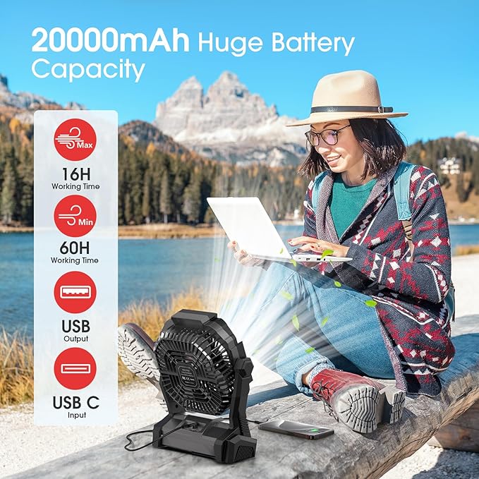 ONLYNEW Portable Fan Rechargeable, 20000mAh Cordless Battery Powered Fan with LED Lantern, USB C Battery Operated for Travel Bedroom Home Camping Tent Office Beach Desk Fishing Table (Black)