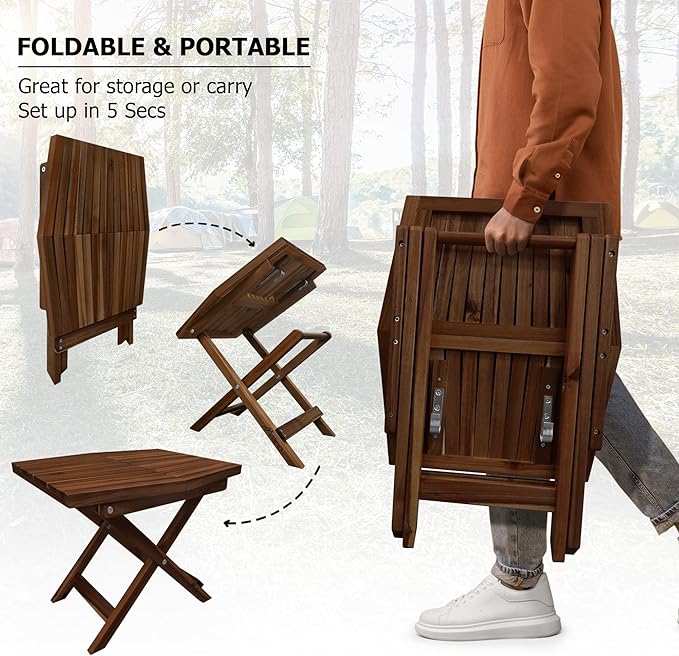 Melino Wooden Folding Outdoor Side Table, FSC Certified Acacia Weatherproof Side Tables, Wood Folding Small Table for Outdoor, Patio, Porch, Pool, Backyard, Garden, Balcony and Deck - Chestnut