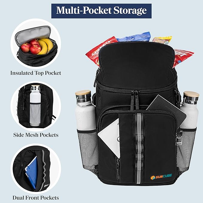 SUN CUBE Cooler Backpack 33 Can, Leakproof Insulated Backpack Cooler for Men Women, Camping Cooler Backpack for Beach Travel Hiking, Waterproof Lunch Backpack, Black