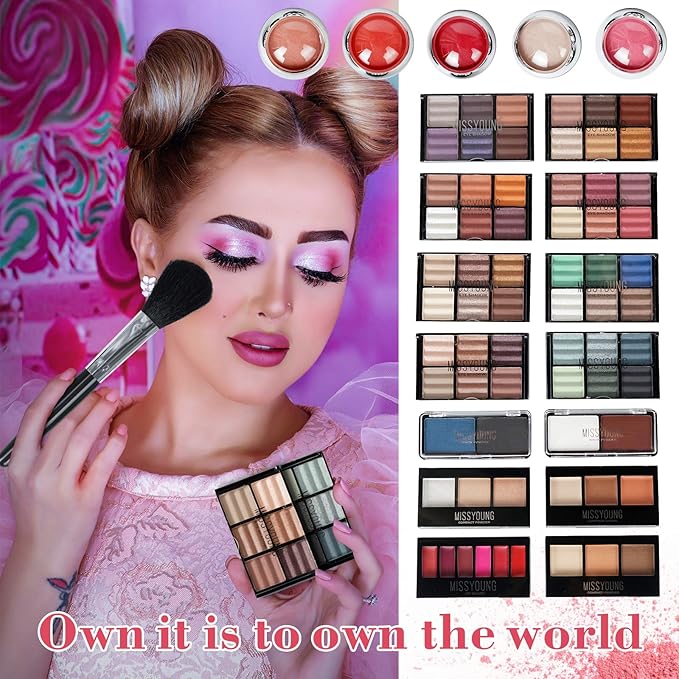Pure Vie All-in-One Holiday Gift Makeup Set Cosmetic Essential Starter Bundle Include Eyeshadow Palette Lipstick Concealer Blush Mascara Eyeliner Face Powder Lipgloss Brush - Makeup Full Kit for Women