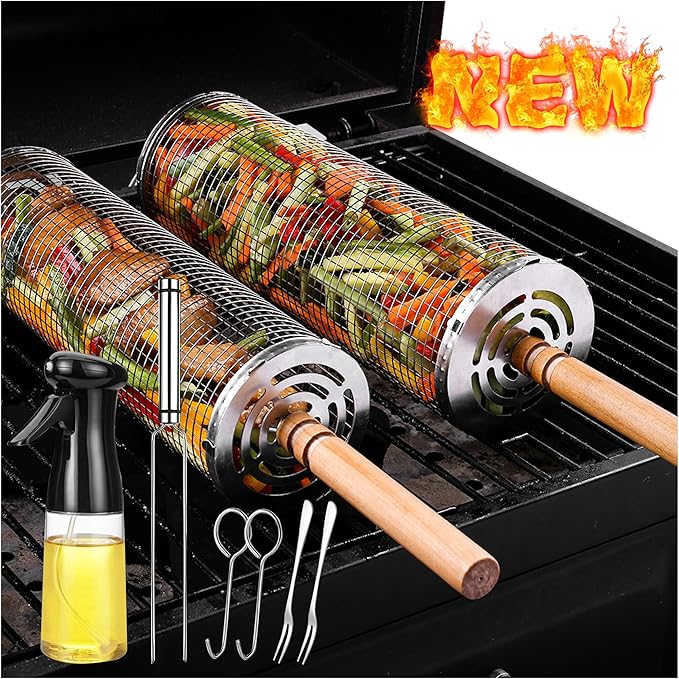 Rolling Grilling Baskets for Outdoor Grill Bbq Net Tube Stainless Steel Large Round Mesh Barbecue Accessories Must Have Cylinder Cage Picnic Gear Cooking Camping Basket for Veggies Vegetable Fish