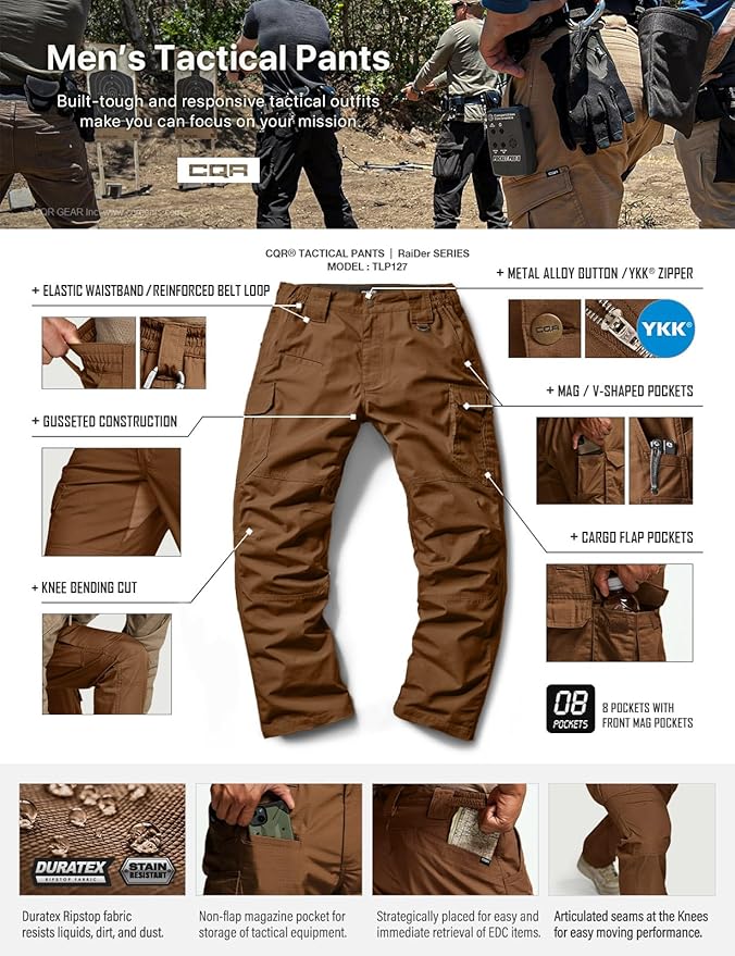 CQR Men's Tactical Pants, Water Resistant Ripstop Cargo Pants, Lightweight EDC Work Hiking Pants, Outdoor Apparel