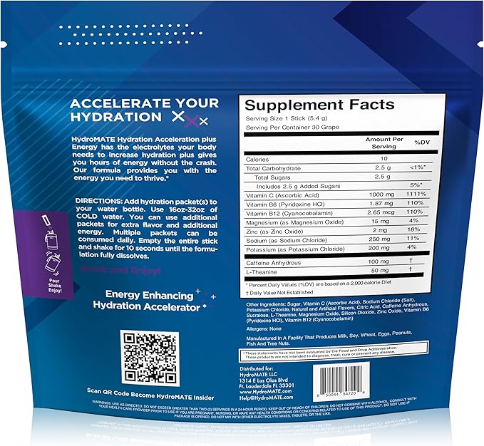 HydroMATE Electrolytes Powder Drink Mix Packets Hydration Accelerator Low Sugar Rapid Party Relief Recovery Vitamin C Plus Caffeine Grape 16 Count