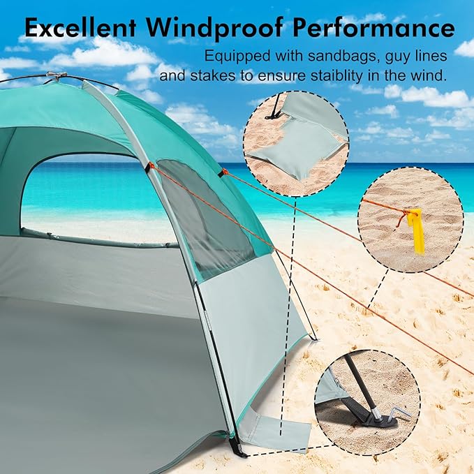 WhiteFang Beach Tent Anti-UV Portable Sun Shade Shelter for 3/4/6/8 Person, Extendable Floor with 3 Ventilating Mesh Windows Plus Carrying Bag, Stakes and Guy Lines