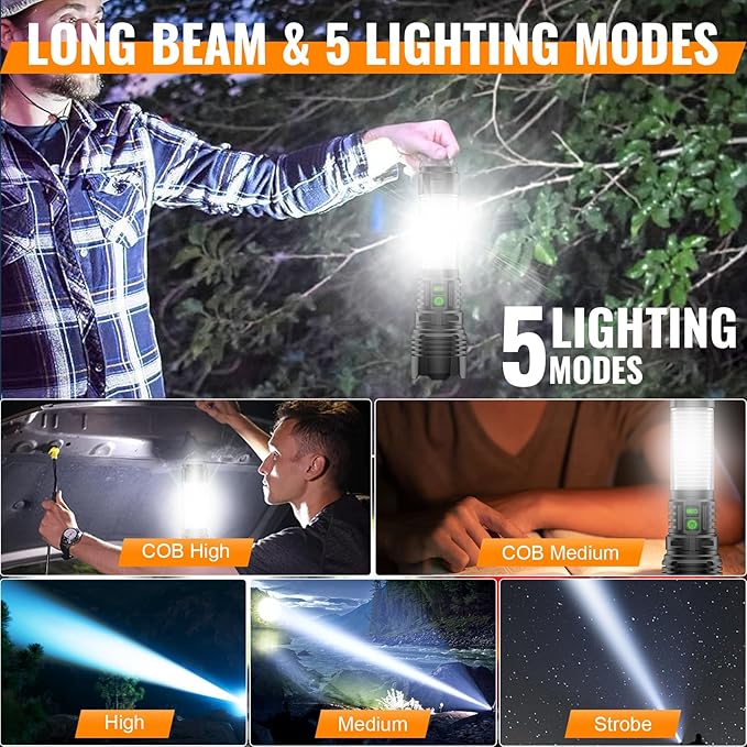 Rechargeable LED Flashlight Lantern 2000 High Lumens - with Camping Lanterns, Long Range LED Super Bright Flashlight for Camping, 5 Mode, High Powerd Heavy Duty Zoomable Waterproof Tactical Flashlight