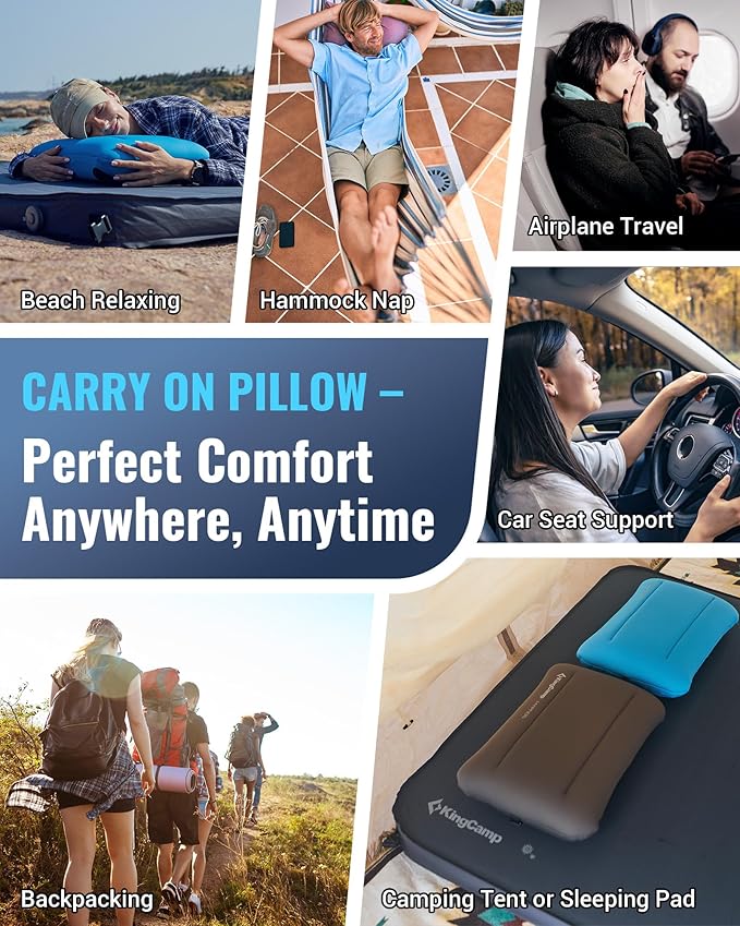 KingCamp Inflatable Pillow for Camping, Extra Large Camping Pillow, Portable Ergonomic Air Pillow with Removable Washable Memory Foam Cover for Camp, Hiking, Car, Beach, Travel