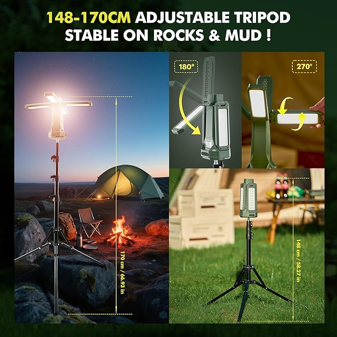 Portable Camping Light with Stand 67'' Rechargeable Work Light - 6500Lumen, 20000mAh Battery, 2700K-6000K Dimmable Emergency Flashlight with Magnetic Base for Camping, Garage, Power Outages