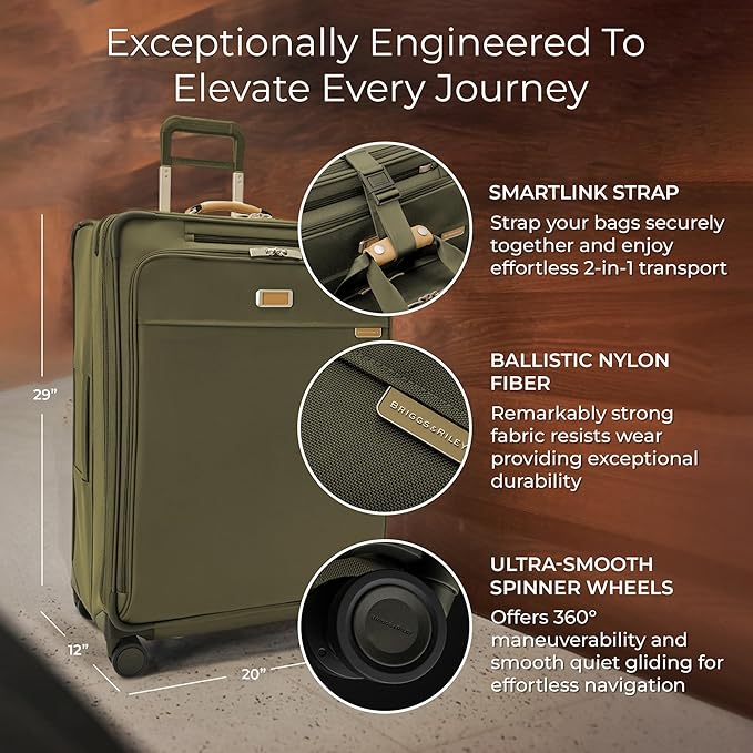 Briggs & Riley 29" Large Expandable Spinner - Checked Luggage for Travel, Suitcases with Wheels, Softside Rolling Bag for Men & Women, Self-Repairing Zipper - Baseline Collection, Olive