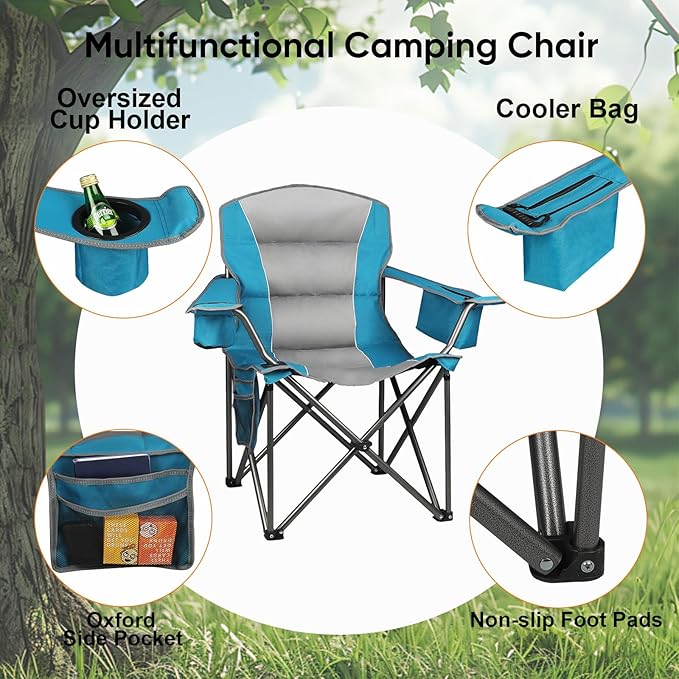 Northroad 2 Pack Oversized Camping Chair, Padded Portable Chairs Heavy Duty Camping Folding Chairs w/Cooler Bag & Cup Holder, Support 400 LBS for Outdoor, Fishing & Garden (Orange & Blue)
