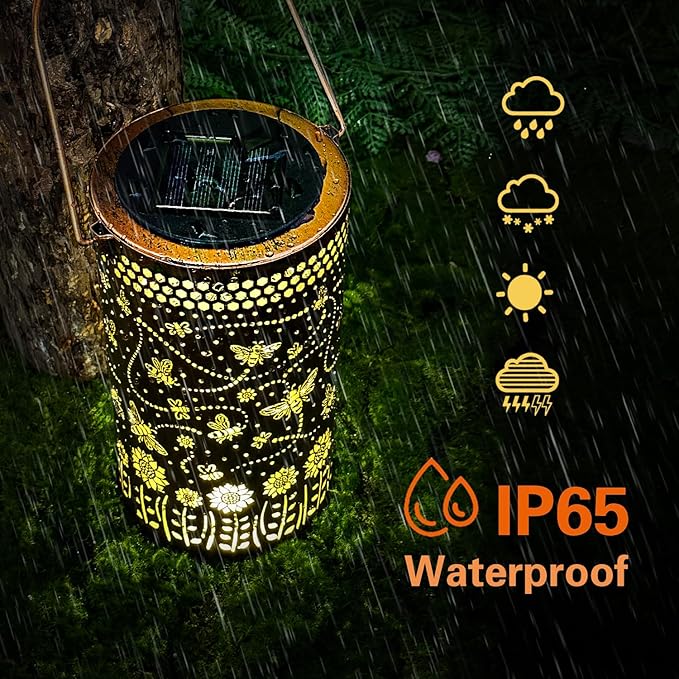 Bee Solar Lanterns Outdoor Waterproof Hanging Solar Lights Bee Gifts for Women Men Metal Honeybee Decorative LED Lanterns for Yard, Patio, Lawn, Tabletop, Pathway, Landscape, Garden Decor