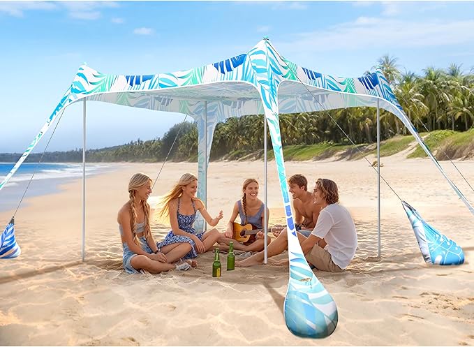 2PM SPORTS Beach Tent Canopy with UPF50+ UV Protection, Outdoor Large Beach Sun Shade Shelter for Family Picnic Camping Travel Shore Fishing, 8 Sandbags, Sand Shovel (Leaf, 10x10 FT)