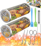 Rolling Grilling Baskets for Outdoor Grill Bbq Net Tube Stainless Steel Large Round Mesh Barbecue Accessories Wire Cylinder Cage Picnic Cooking Camping Basket for Veggies Vegetable Fish Meat