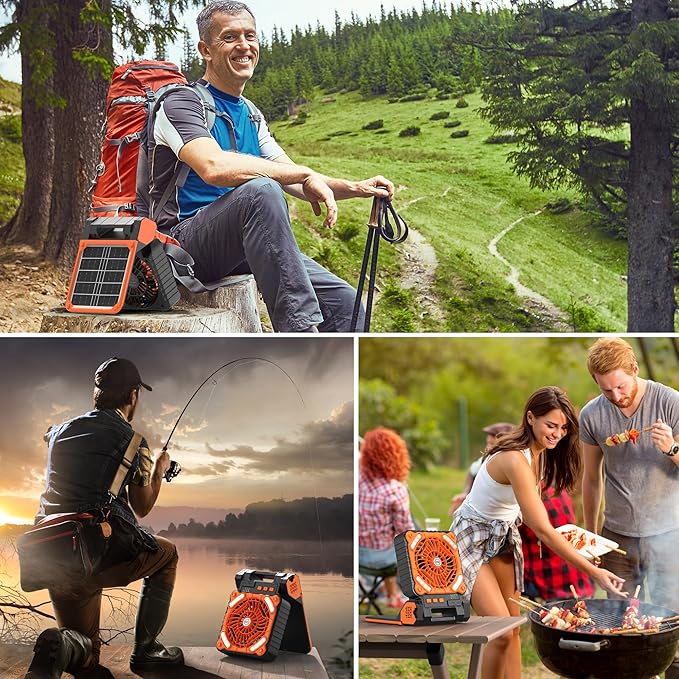 KITWLEMEN Solar Camping Fan with Lantern - Rechargeable Battery Operated Fan, 18H Run Time Max, 4 Speeds, 8H Timer, 90° Adjustable Portable Desk Fan for Hurricane, Power Outage, Outdoor Use