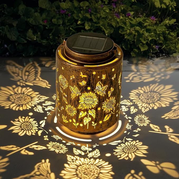 Hanging Solar Lanterns for Outside Sunflower and Butterfly Decorative Lights Warm Glow with Metal Finish Garden Lanterns Waterproof Gifts for Women Patio Décor