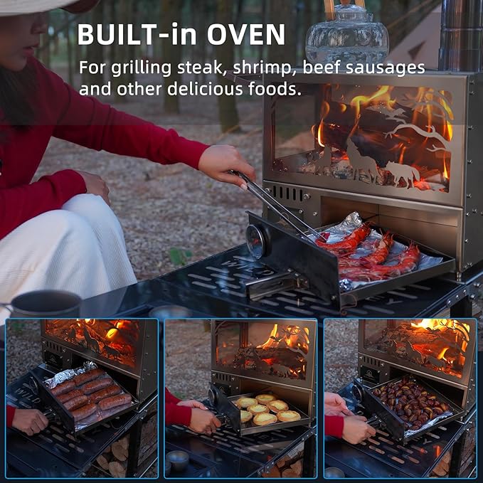 M8 Wood Burning Stove with Oven & Camping Table, Stainless Steel Portable IGT Hot Tent Stove, Including 6 Chimney Pipes, for Camping, Tents, Cooking and Travel Rose Gold