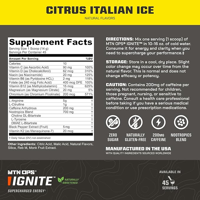 MTN OPS Ignite Energy Drink Powder, Naturally Gluten Free & Sweetened with Monk Fruit, Nitric Oxide Supplement Drink Mix, Caffeine & Nootropic Sugar Free Drink Mix, 45 Servings, Citrus Italian Ice